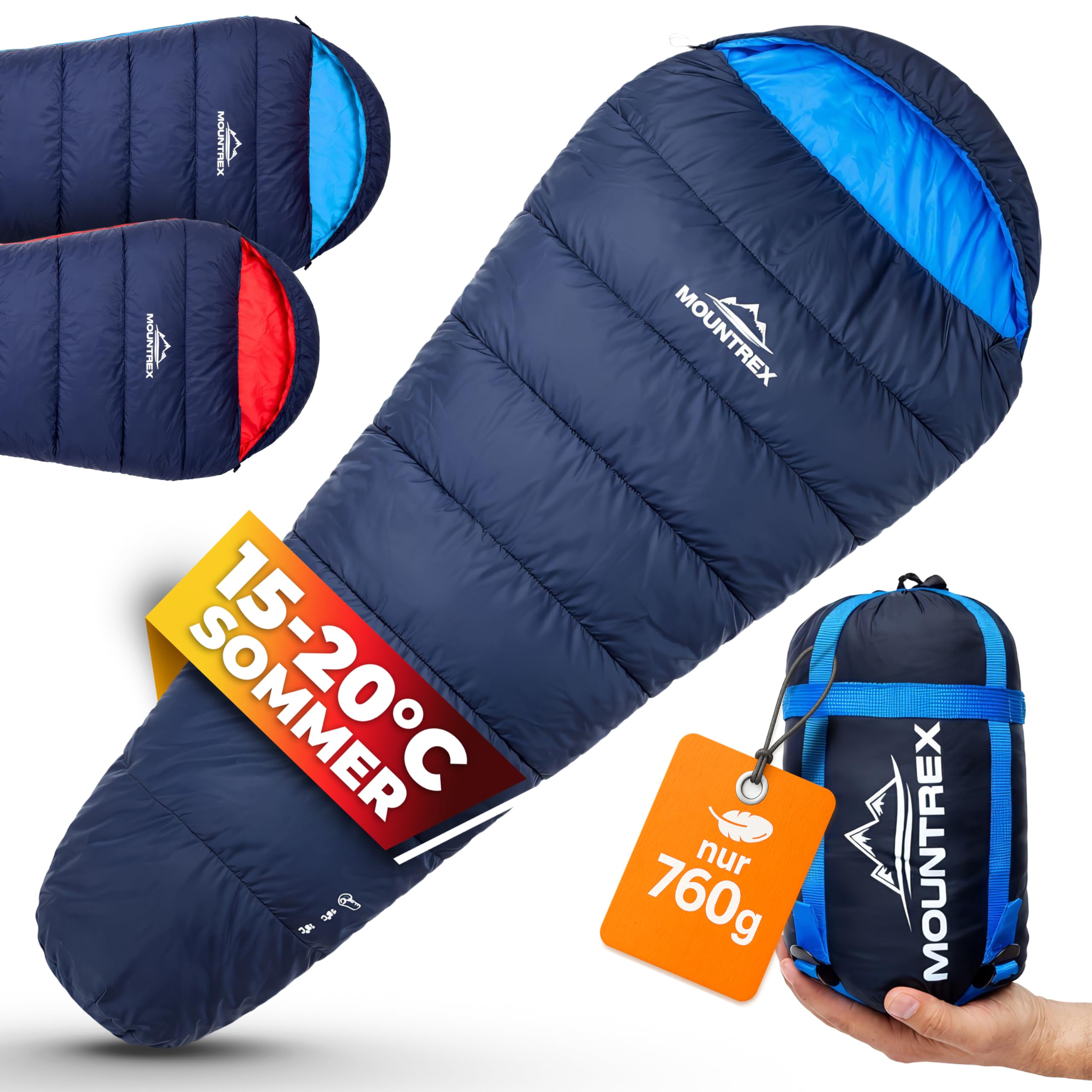 MOUNTREX® sleeping bag – Ultra Light (720g) with Small Pack Size - Outdoor Summer Sleeping Bag - Mummy Shape (205x75cm) - Compact, Warm, Lightweight - for Camping, Travel, Backpacking or Festivals