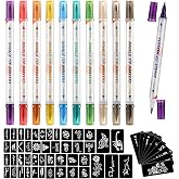 HAWINK Temporary Tattoo Markers for Skin, 10 Body Markers + 56 Large Tattoo Stencils, Dual-End Tattoo Pens Make Bold and Fine Lines ZYH2208001KIT