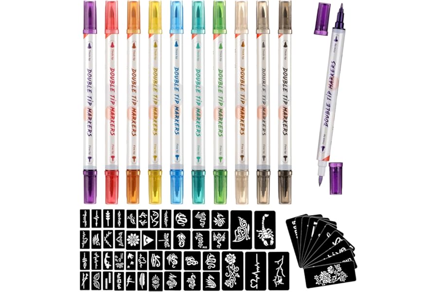 HAWINK Temporary Tattoo Markers for Skin, 10 Body Markers + 56 Large Tattoo Stencils for Kids and Adults, Dual-End Tattoo Pens Make Bold and Fine Lines with Cosmetic-Grade Tattoo Ink ZYH2208001KIT