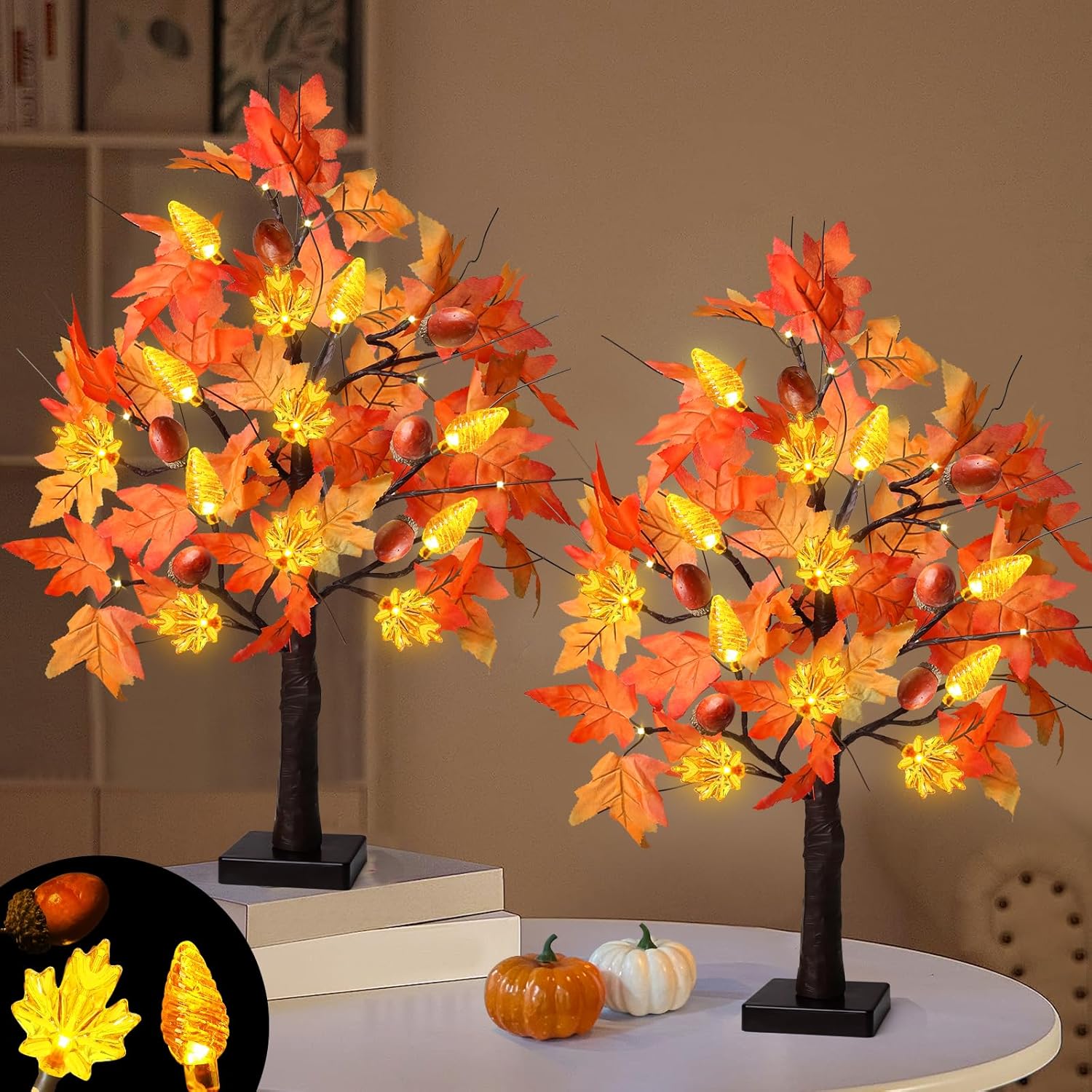 Trees - SURCVIO 2 Pack 24 Inch Prelit Fall Maple Tree Fall Decor with 48 LEDs Timer Battery Operated Pinecones Acorns Artificial Autumn Maple Tree for Thanksgiving Harvest Indoor Outdoor Home Decorations