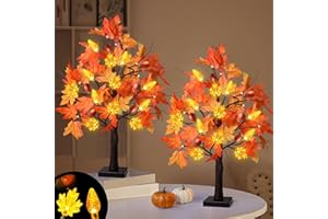 [ 2 Pack & Timer ] SURCVIO Thanksgiving 24 Inch Prelit Maple Tree Decorations with 48 LEDs Battery Operated Pinecones Acorns Artificial Autumn Maple Tree for Thanksgiving Harvest Indoor Home Decor