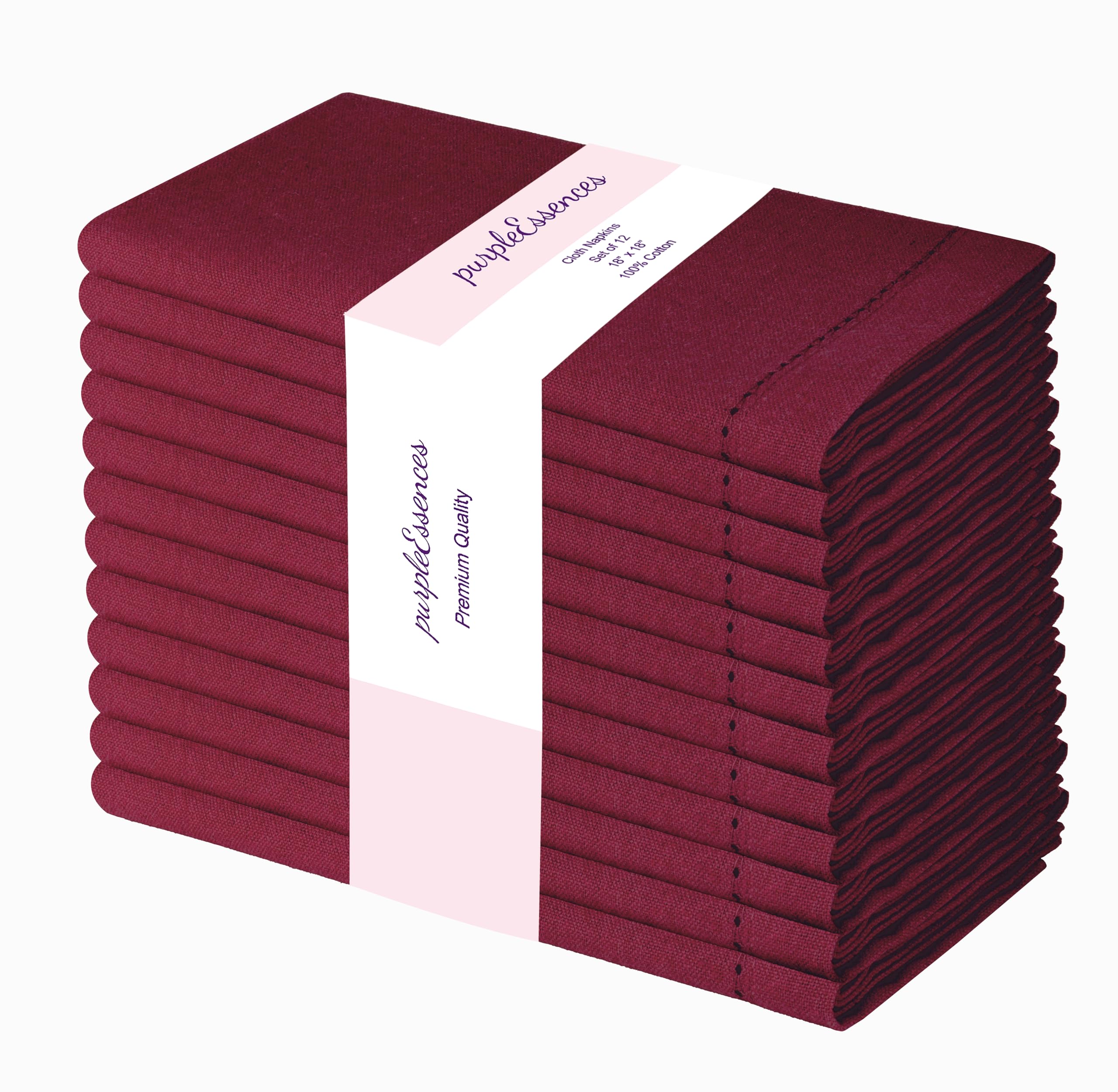 Photo 1 of ***MISSING FIVE*** PurpleEssences Set of 12 Hemstitch Cloth Dinner Napkins 100% Cotton - Soft Durable Washable - Ideal for Wedding Christmas Holiday Winter - Perfect Everyday Use Table Linen 18x18 - Burgundy
