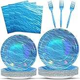 96 Pcs Iridescent Ocean Waves Party Plates and Napkins for Under The Sea Party Supplies Ocean Wave Themed Paper Dessert Plates Blue Tableware Set for Mermaid Pool Beach 24 Guests Party Decorations