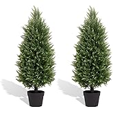 Azoco 3ft Faux Cedar Topiary Trees Artificial Outdoor, Set of 2 – UV Resistant Large Fake Potted Plants for Front Porch Outside Planter Decor 3 Feet Tall
