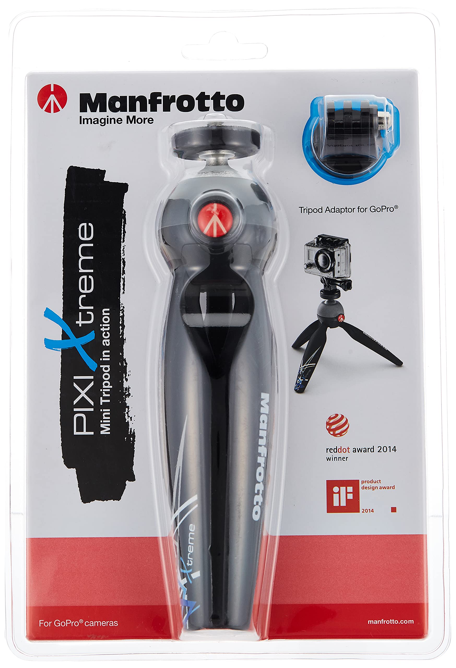 Manfrotto MKPIXIEX-BK, PIXI Xtreme Mini Tripod for GoPro Camera, Compact Size, Vlogging, Videography, Travel, Sports, Tripod Mount Adapter Included