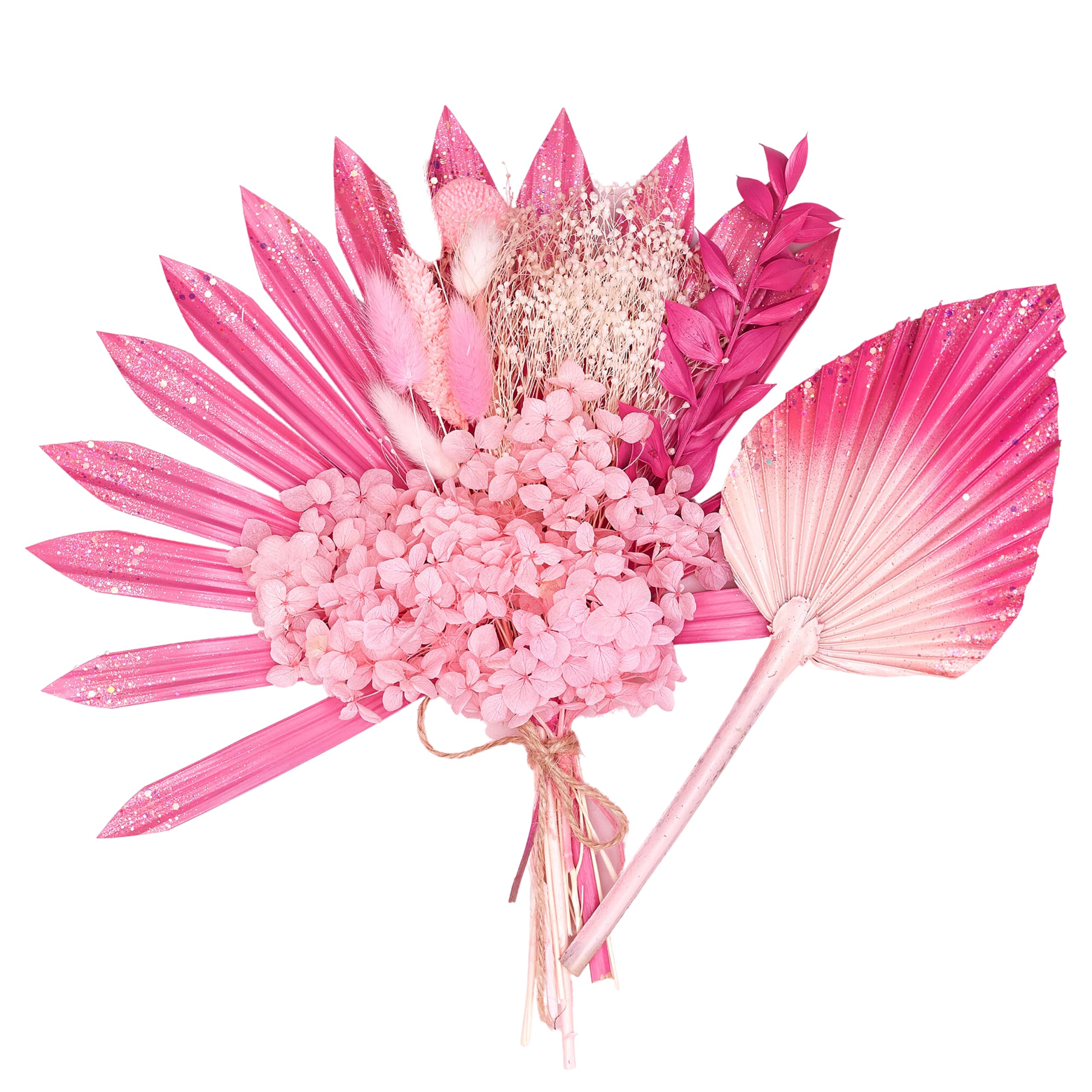 The Baked Studio - Dried Flower Cake Topper Set With a Pink Glitter Dried Palm Spear and Sun Palm Leaf Leaves For Cake Decorating (Hot Pink Glitter)
