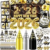 MOVINPE New Years Eve Party Supplies 2026 Serve 100 Guests - Bulk New Year Decorations Kit, Balloon Box 2026 Balloons Backdrop Cone Hats Party Glasses Photo Booth Props Squawkers Blowouts Tattoo