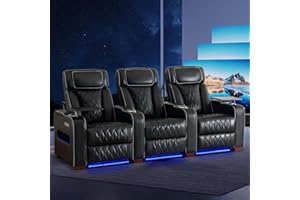 CALIVIA Luxury Home Theater Seating – Power Recliner with Adjustable Headrests, Blue LED Ambient Lighting, Tray Table, USB & Type-C Charging (Black, 3 Seat)
