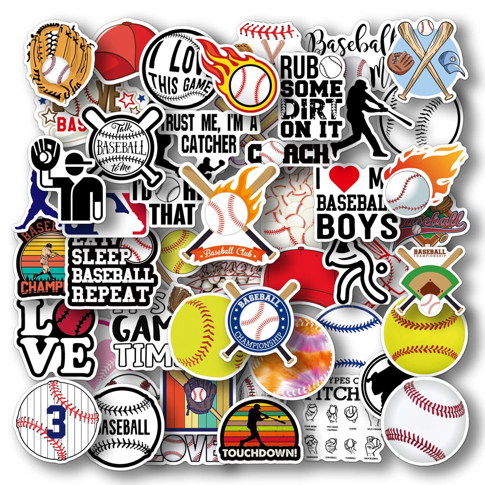 AOWDIAO 50 Pcs Baseball Stickers – Waterproof Vinyl Decals for Water Bottles, Laptops – Baseball Party Favors and Gifts for Kids & Teens