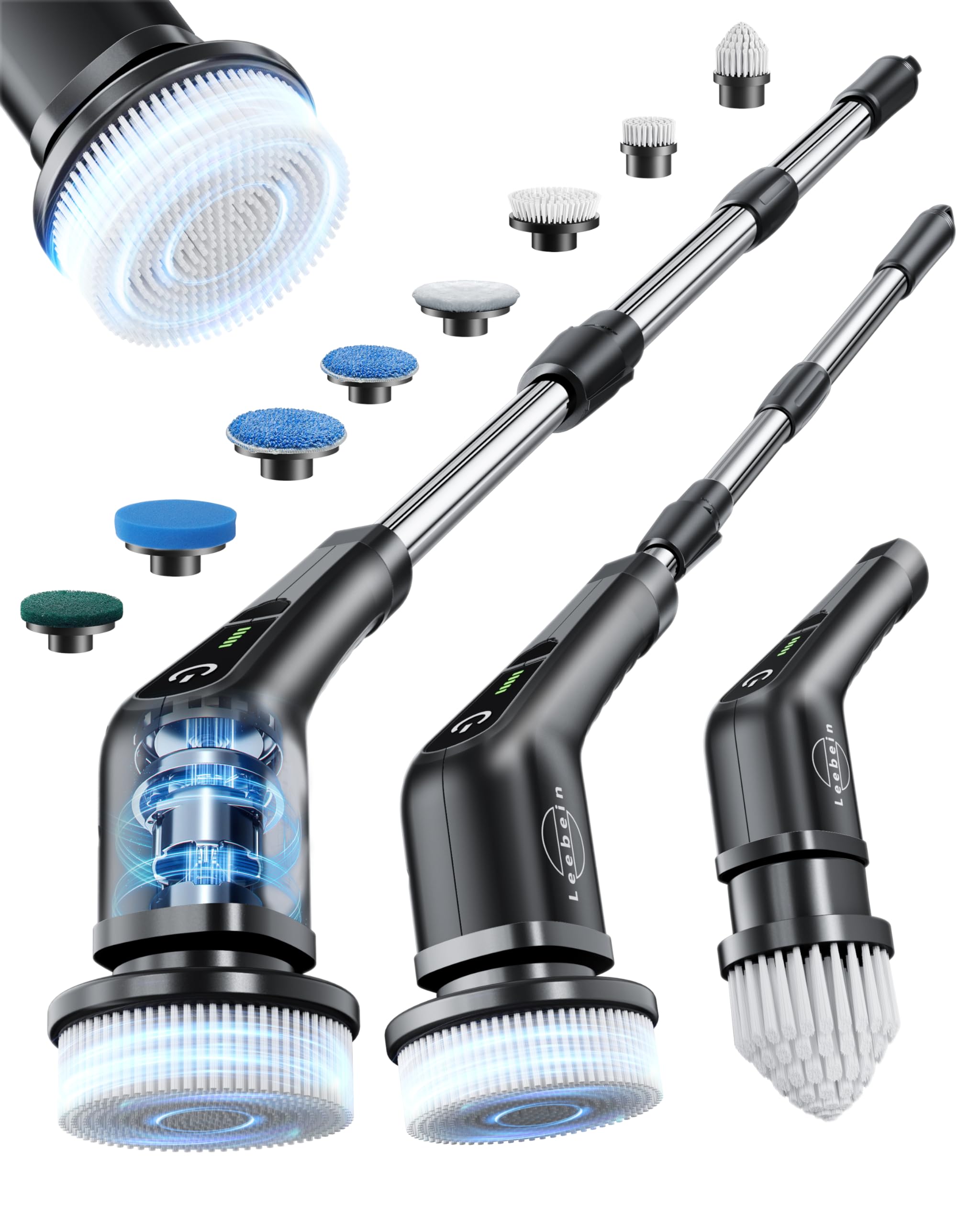 Photo 1 of Leebein Electric Spin Scrubber, Cordless Cleaning Brush with 8 Replaceable Brush Heads, Tub and Floor Tile Power Scrubber Dual Speed with Adjustable & Detachable Handle for Bathroom Tub (All Black)