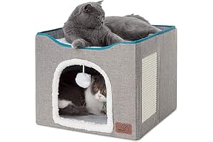Bedsure Cat Beds for Indoor Cats - Large Cat Cave for Pet Cat House with Fluffy Ball Hanging and Scratch Pad, Foldable Cat Hideaway, 16.5x16.5x13 inches, Grey