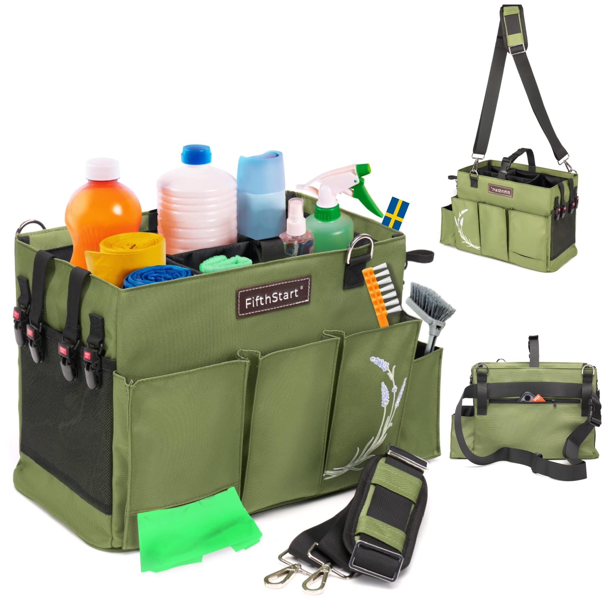 FifthStart Multipurpose Cleaning Caddy with Handle, Waist & Shoulder Strap - Nappy Caddy - 9 Pockets & Easily Cleaned - Sturdy & Portable Storage Box with Adjustable Compartments (Green, Small) — image 1