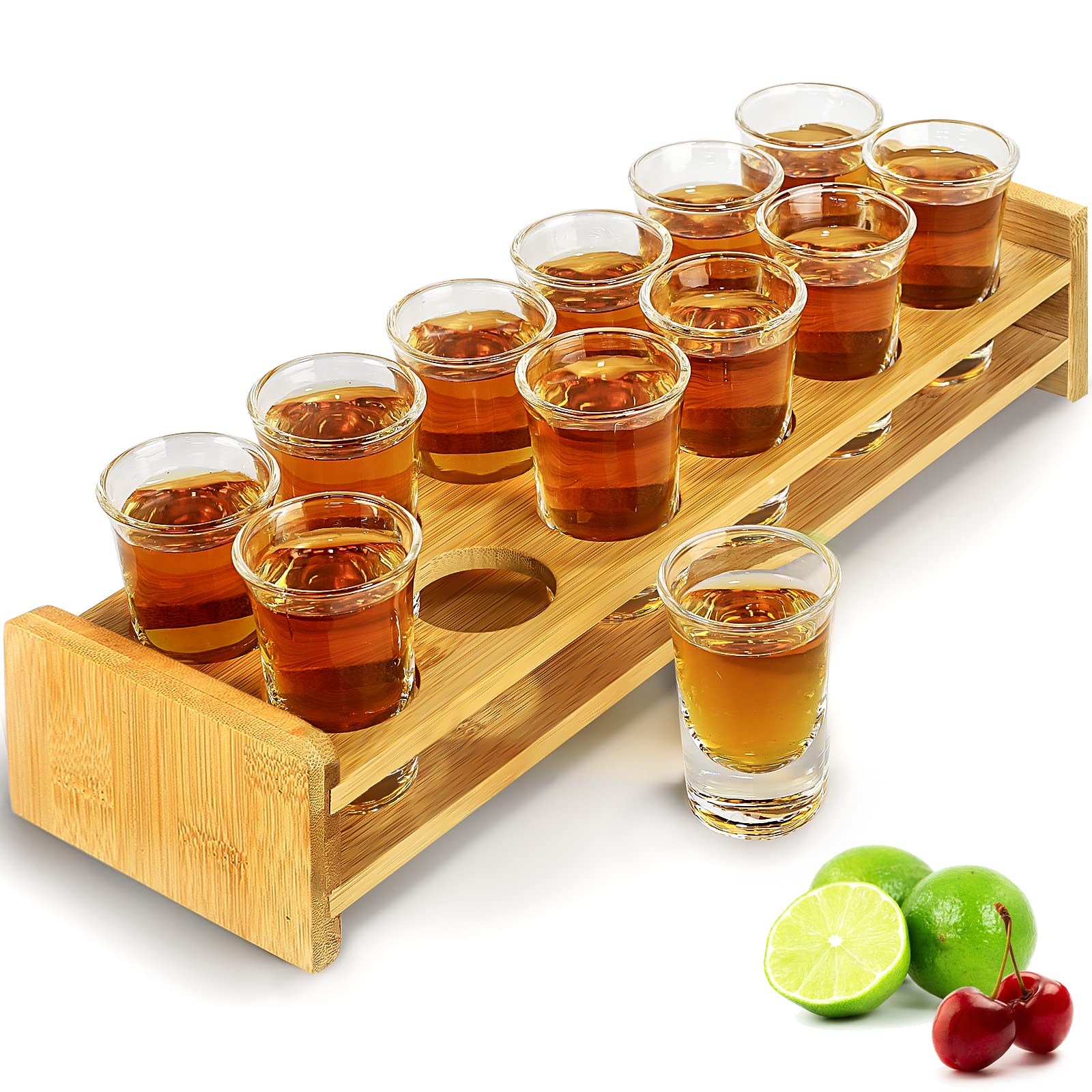 Supwinnet Shot Glass Set 12pcs 30ml/1oz Shot Glass Tray Holder Straight, Thick Base Clear Cups for Party, Club, Bar, Drinking
