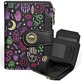 Icycay Goth Gothic Small Wallet Women RFID Blocking Bifold, Credit Card Holder, Zipper Coin Pocket, PU Leather, Magic Witchy, Compact, Travel, 4 ID Window, 14 Card Slots, Cash Purse, Ladies Woman