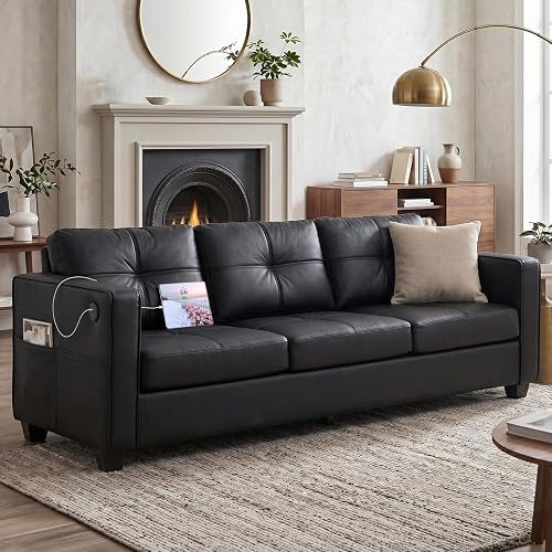 88'' Black Faux Leather Couch w/ Charging, 3 Seater Living Room Office Sofa | Faux Leather Sofa, Black Couch, Small Sofa, Mid-Century Modern, Tufted Design, Wider Arms, Side Pockets, Apartment, Bedroom