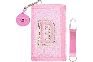 SiorVeol Kids Wallet Girls Trifold Initial Glitter Wallets with Zipper and Card Slots Including Neck Lanyard and Hanging Strap, Pink, D