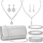 FEYIR Clutch Purse Jewelry Set for Women Evening Bags Rhinestone Crystal Necklace Earrings Bracelet Set Formal Wedding Bridal Accessories Jewelry for Prom