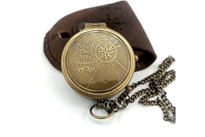 ANTIQUANA Brass Compass Unique Print 'Not All Those Who Wander are Lost' Engraved Compass with Leather Case and Chain A Great Gift Item for Your Loved Ones, Brown