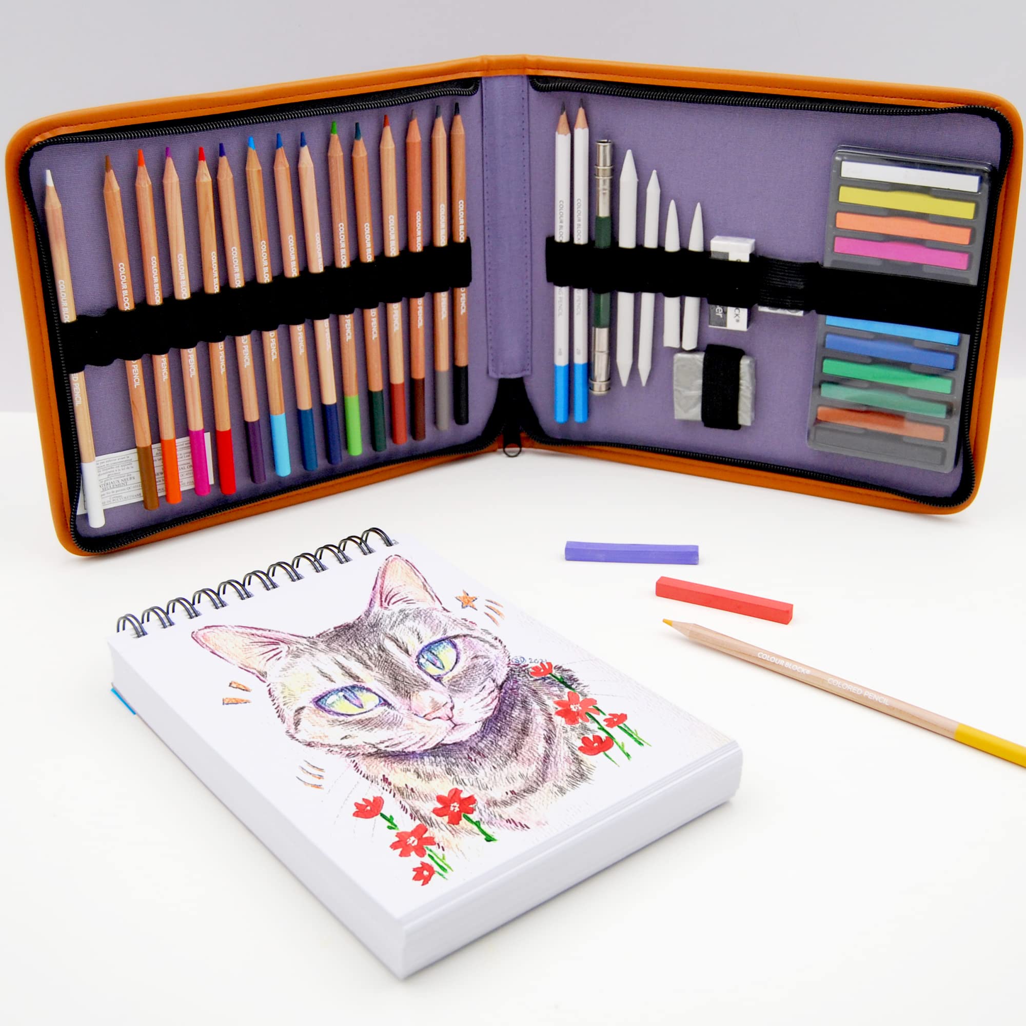 COLOUR BLOCK 40 Piece Drawing Travel Art Set in a Canvas Zippered Case, with 16 Colored Pencils, 12 Soft Pastels, Sketching Pencils, Drawing Pad, and Assorted Tools