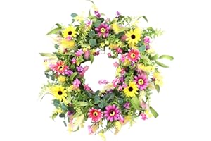 JINGHONG Artificial Summer Wreath 24 Inch Spring Wreaths for Front Door Daisy Flower Wreath with Colorful Flowers for Front Door Wall Spring/Summer Holidays Party