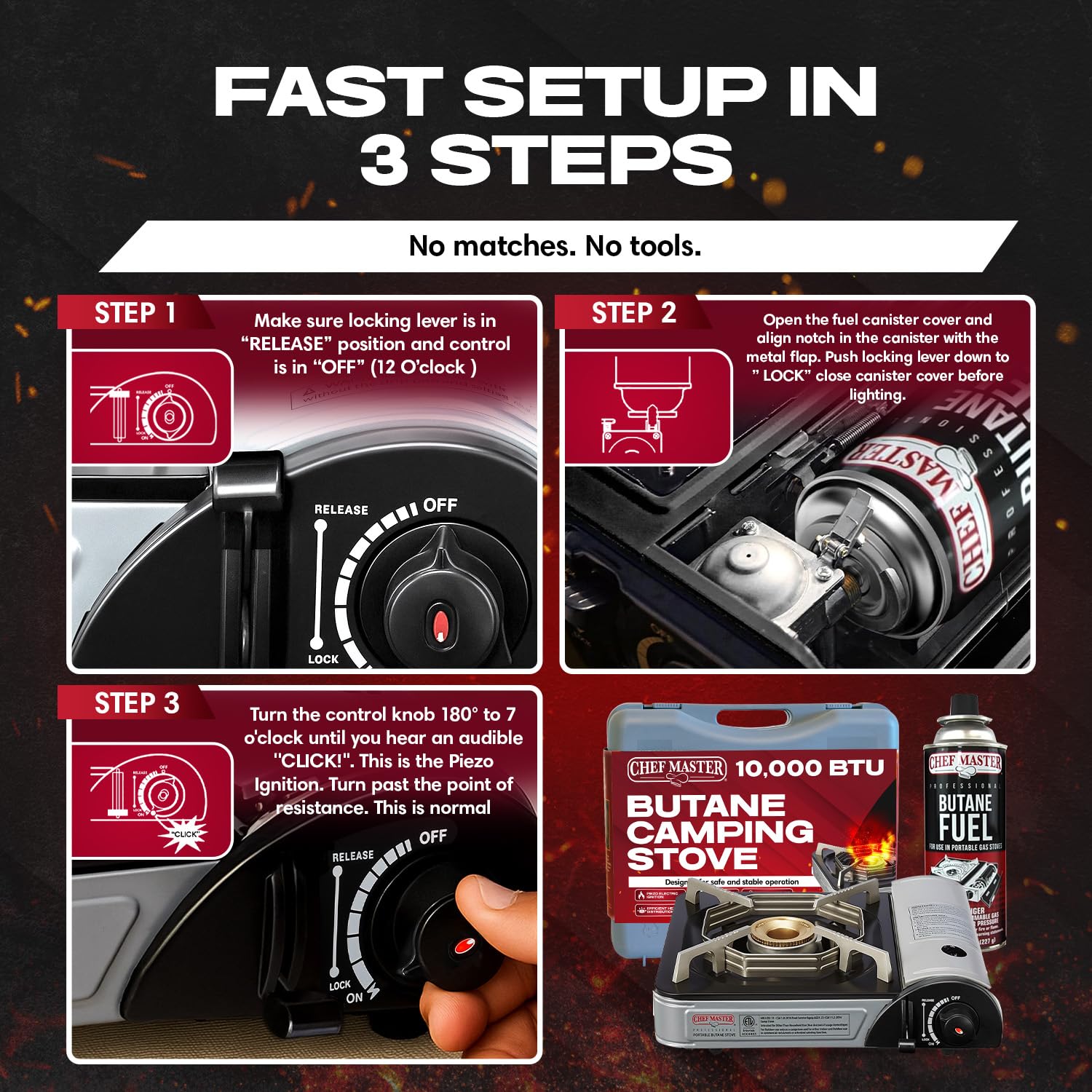 Chef-Master 90011 Butane Countertop Stove, 10 000 BTU Portable with Carry Case, High Performance, Piezo Ignition, Brass Burner, Safety Stop