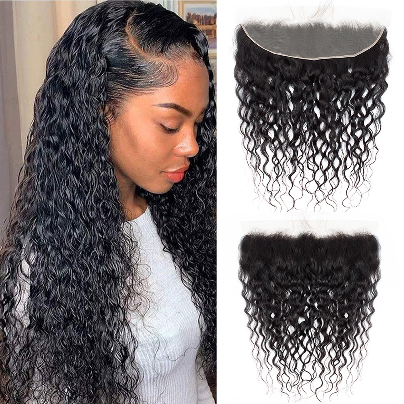 Photo 1 of Water Wave 13x4 HD Lace Frontal Closure 100% Brazilian Virgin Human Hair 180% Density Wet and Wavy Ear to Ear Transparent Lace Frontal Closure Pre Plucked with Baby Hair (22 Inch)
