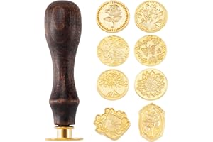 Mxxipp 9pcs Wax Seal Stamp Kit, Brass Sealing Wax Stamps Head & Wooden Handle for Wedding Invitations Cards Envelopes(Tree of Life+Tulip+Vintage Rose+Love Rose+Daisy+Butterfly+Sakura+Leaves)