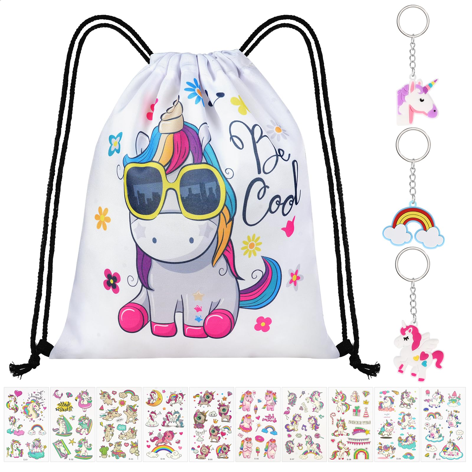 URAQT Unicorn Backpack for Kids, Gym Drawstring Backpack for Kids, Unicorn Drawstring Bags Set with Keychain and Tattoo Sticker, Lightweight Drawstring Bag for Girls Sports Gifts