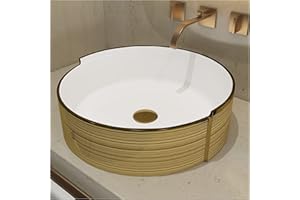 MEJE 16.75 Inch LUXURY Gold Stripes Round Art Basin, Above Counter Bathroom Vessel Sink, Porcelain Ceramic Countertop Sink (Include pop up drain)