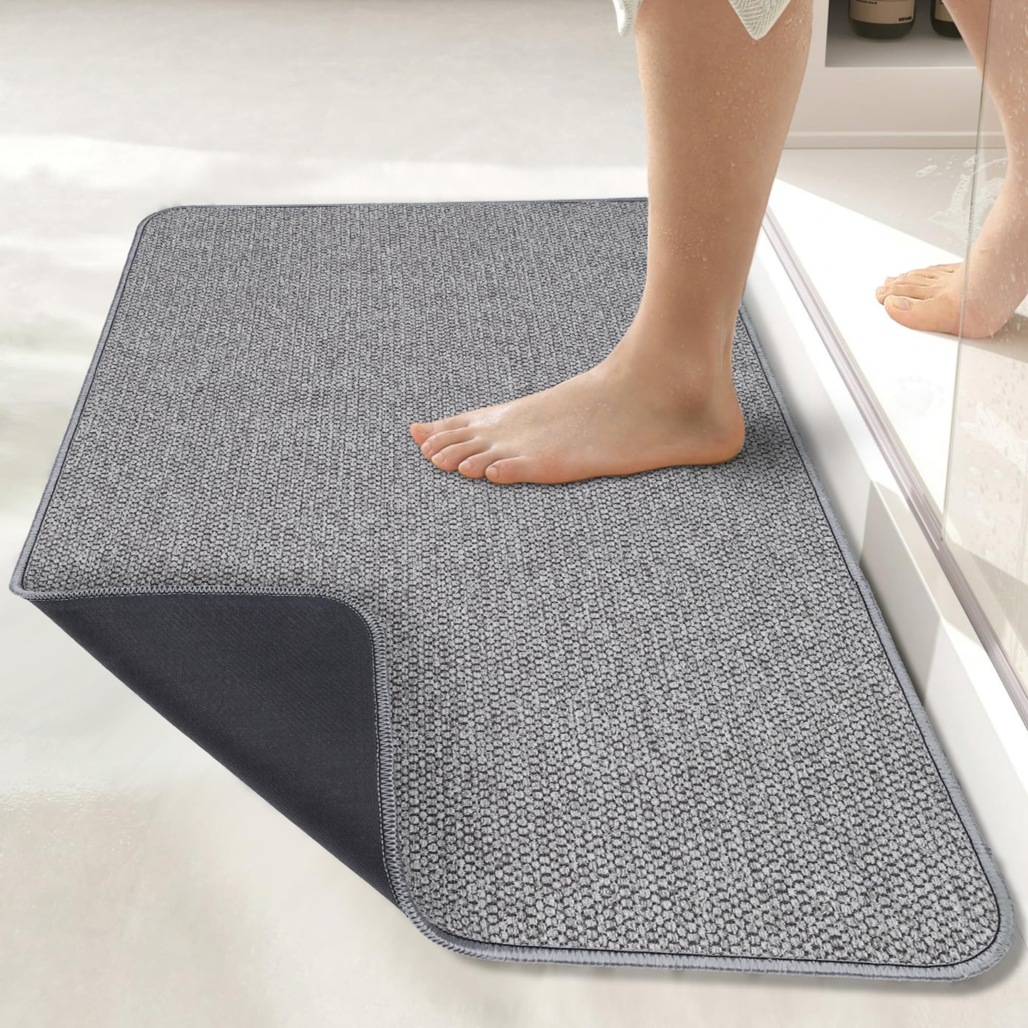 Photo 1 of Bath Mat,Ultra Thin Bathroom Rugs,Rubber Bath Mats for Bathroom,No Slip Bath Rugs,Quick Dry,Machine Washable,Low Pile,Absorbent,Shower Outside,Sink,Home Decor Accessories.Grey,1'5"x2'3"(17x27Inch)