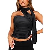 FEMLE Womens Y2K Halter Scarf Top Sexy Sheer Mesh Tube Top Ruched Double Layer Halter Crop Tops Going Out Party Clubwear