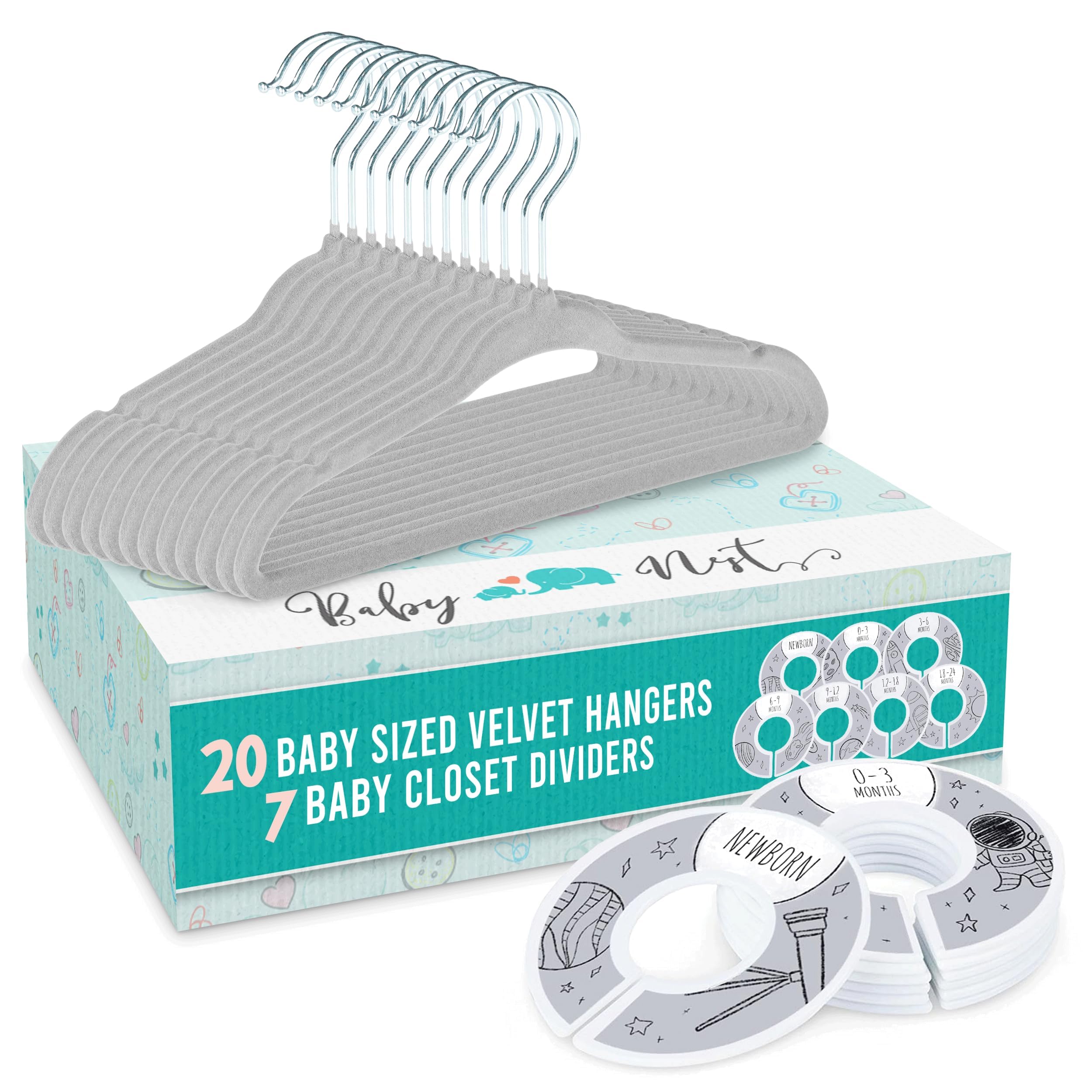 Baby Nest Designs Baby Hangers and Wardrobe Dividers – Cute Nursery Organizer with 7X Baby Size Dividers (Infant Newborn Clothing to 24 Months) and 20x Velvet Hangers for Baby Clothes (Space)