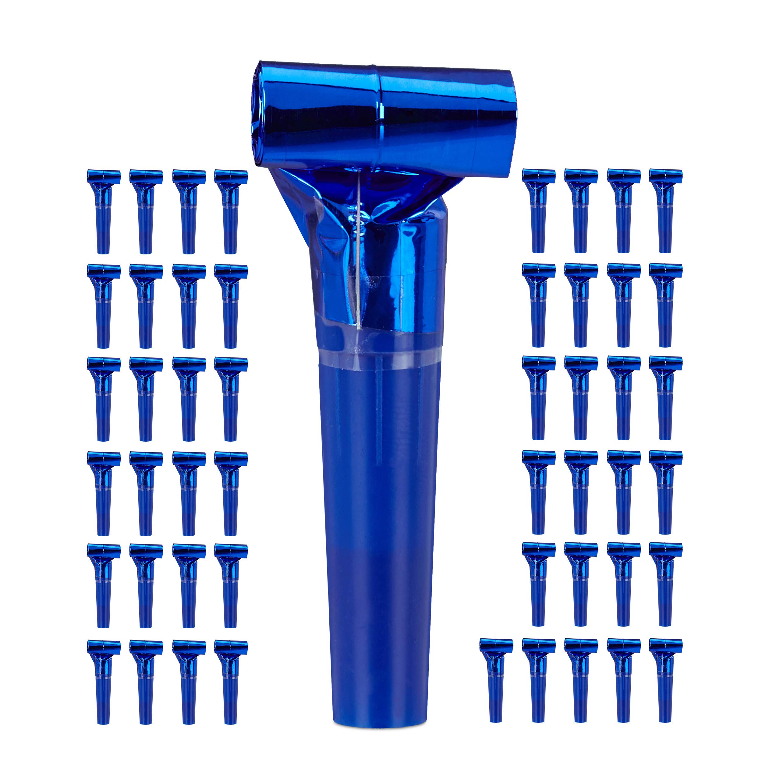 Relaxdays Party Blowers Pack of 50, Kids’ Noisemakers, Birthday Treats, Trumpet Set, Whistle, Blue