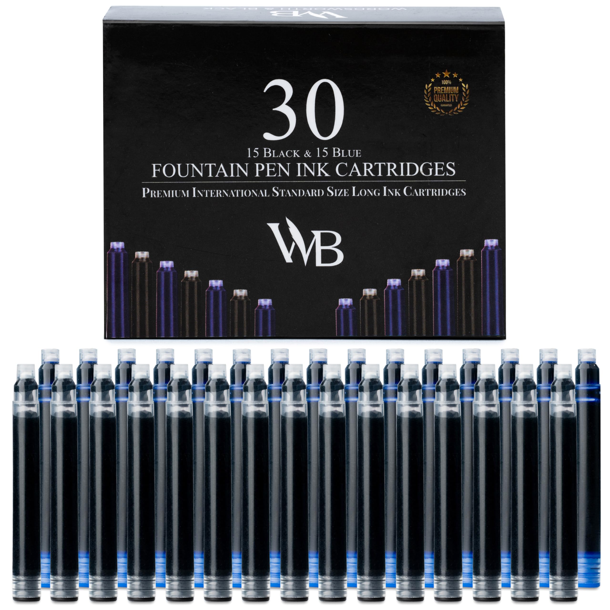 Wordsworth & Black 30 Pack Fountain Pen Ink Refills - Set of 15 Black - 15 Blue Ink Cartridges - International Standard Size - Length APPR 2.3" - Base Diameter APPR 0.24" - Disposable and Generic