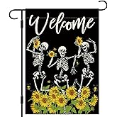 DLZDN Sunflower Skeleton Garden Flag Funny Summer Garden Flag 12x18 Inch Vertical Double Sided Welcome Farmhouse Holiday Outside Decoration Burlap Yard Flag