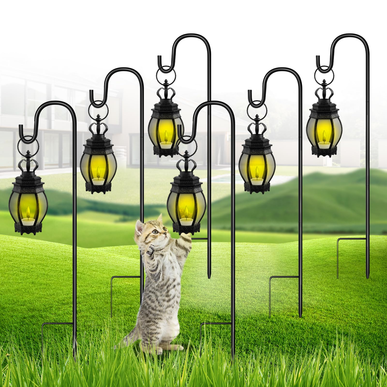 SEGNAYEN Shepherds Hook for Garden Lanterns, 81cm Adjustable Shepherds Crook with Metal Stake Base, Garden Hooks for Hanging Christmas Lights, Plant Baskets, Black, Set of 6