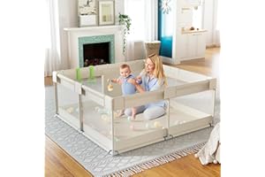 Fodoss Baby Playpen, Upgrade Playpen for Babies and Toddlers, 47x47x26inch Beige Play Pen for Babies with Hand Pulling Ring, Play Pen Center for Kids,Baby Fence,Baby Playards