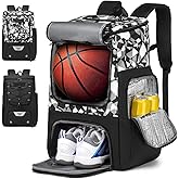 aocrin Basketball Backpack, Basketball Bag with Separate Ball Holder & Shoes Compartment Water Resistant Sports Bag Basketball Equipment Bags Fit Volleyball, Soccer, Swim, Gym, Travel, Black, White