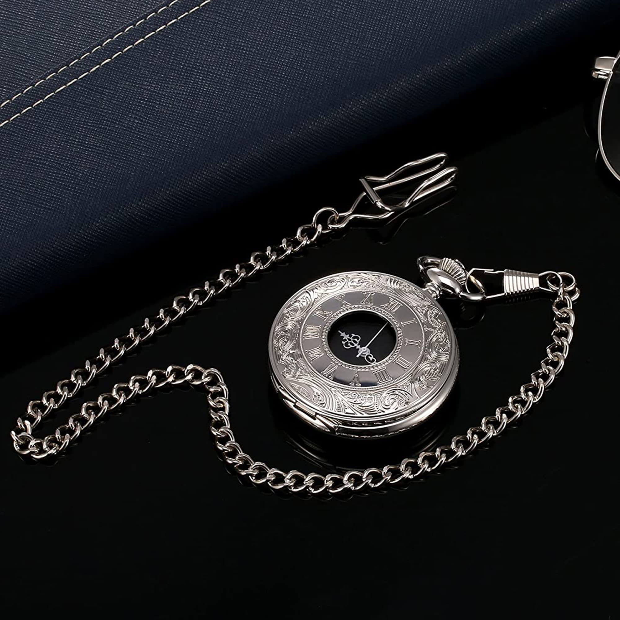 Hicarer Classic Quartz Pocket Watch with Roman Numerals Scale and Chain Belt