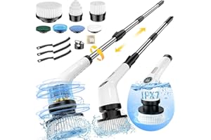 YESAYCE Electric Spin Scrubber, Full-Body IPX7 Waterproof Cordless Power Cleaning Brush with Adjustable Extension Handle, 2-Speed Shower Scrubber with 7 Replaceable Brush Heads for Bathroom, Kitchen Cleaning