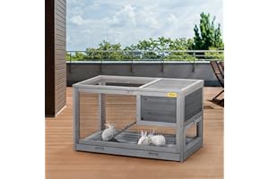 COZIVVOVV 2 Story Wooden Rabbit Hutch Indoor&Outdoor Bunny Cage with Pull Out Tray, Openable Roof, Side Door and Anti-Slip Ramp, Small Animal House(Grey)