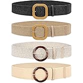 WHIPPY Set of 3/4 Straw Woven Elastic Stretch Waist Belts for Women, Fashion Boho Ladies Braided Skinny Dress Belt