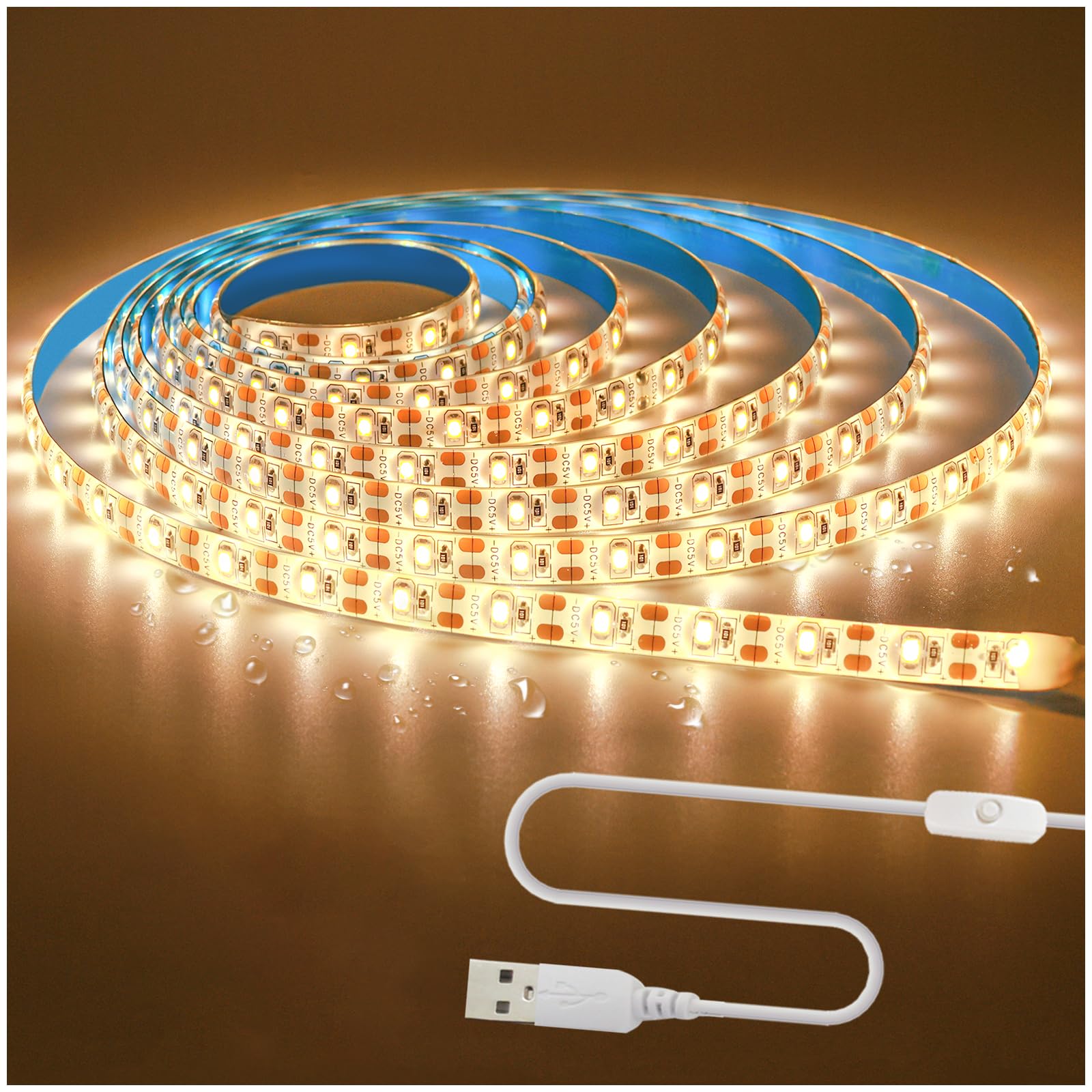 Tesfish LED Strip 5V USB Warm White 3500K 3M Strip 2835 IP65 Waterproof 180 LEDs Plug and Use Strip Light with Switch for Bedroom, Kitchen Decoration
