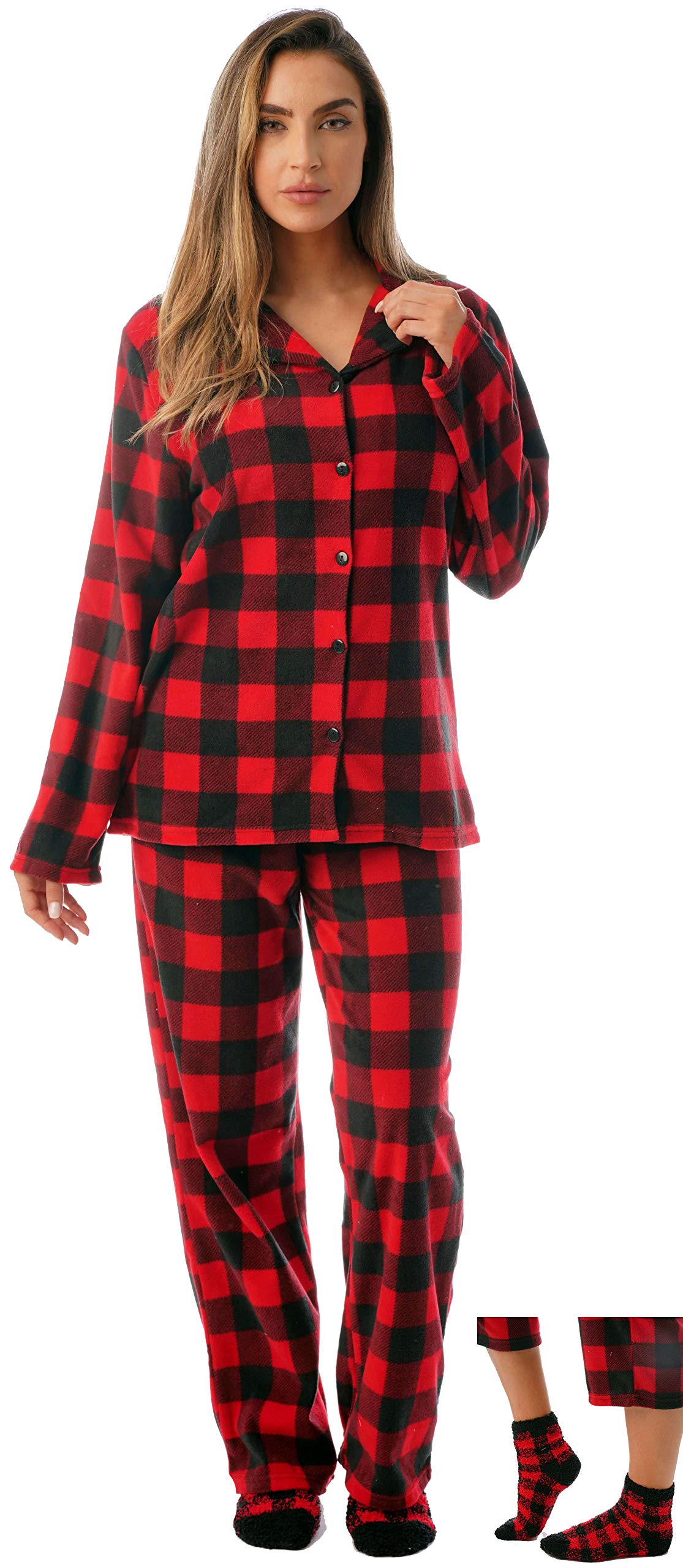 Photo 1 of #followme Printed Microfleece Button Front PJ Pant Set with Socks 6370-10195-S, Red Black - Buffalo Plaid