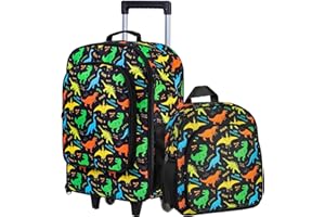 FTJCF 2Pcs Dinosaur Suitcase for Boys, 18" Kids Carry on Luggage with Wheels, Cool Travel Rolling Set with 12" Toddler Backpack(Black)