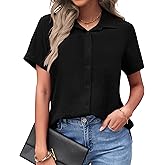 PYGFEMR Womens Button Down Shirts Short Sleeve Loose Collared V Neck Tunics Summer Tops Work Casual Business Blouses