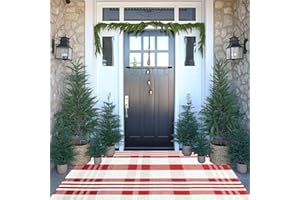CAINANEL Christmas Door Mat Outdoor 3' x 5' Red and White Plaid Rug Christmas Decor Rug Cotton Hand-Woven Layered Door Mats Washable Carpet for Front Porch, Kitchen, Farmhouse, Entryway (3' x 5')