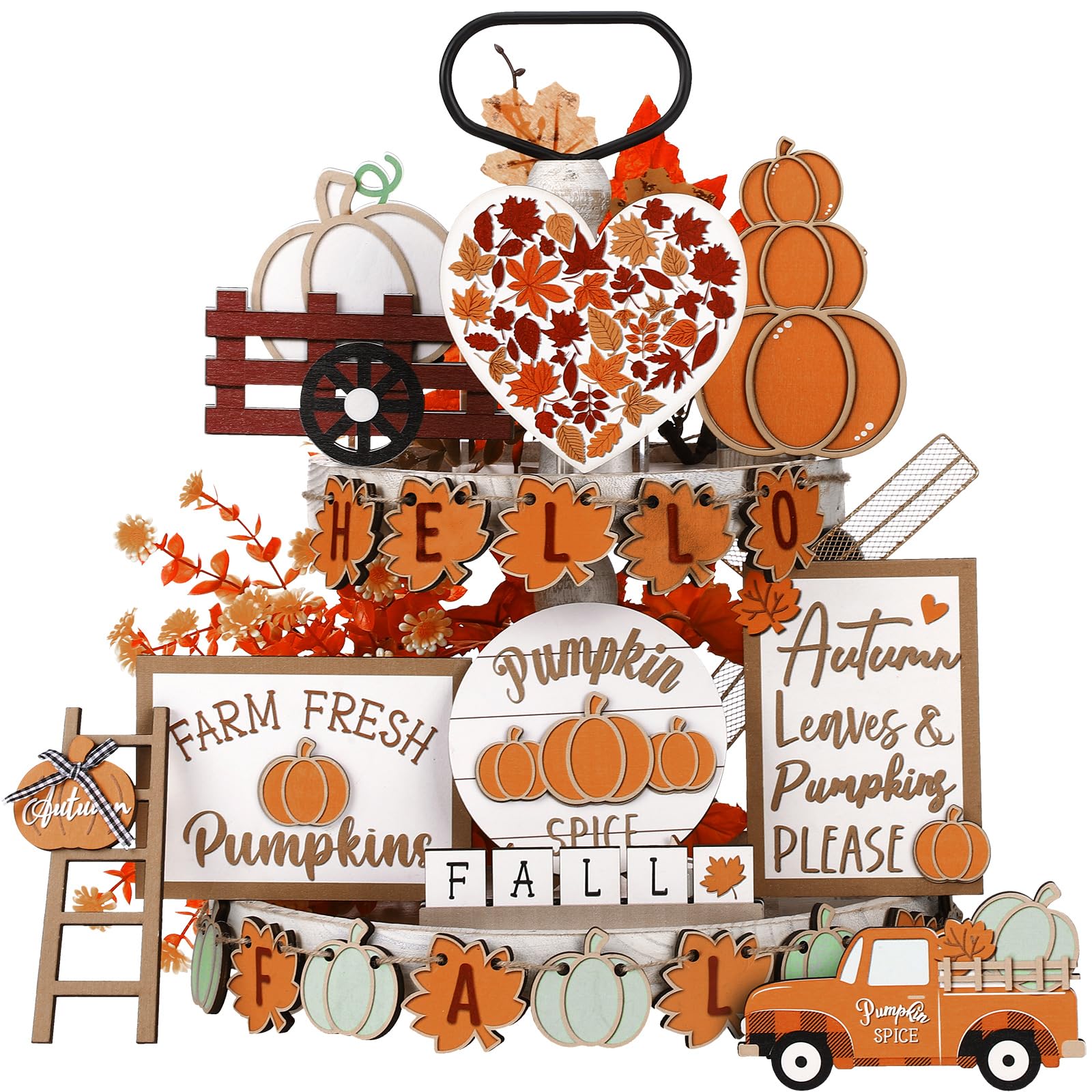 Photo 1 of Maitys 23 Pcs Fall Tiered Tray Decoration Set Thanksgiving Pumpkin Maple Leaf Truck Wooden Sign Decor for Autumn Farmhouse Table Supplies(23 Pcs,Maple Leaf)