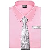 Fashonal Men's Dress Shirt and Tie Set, Party Wedding Shirt for Men Button Down Long Sleeve, Pink Size 4XL