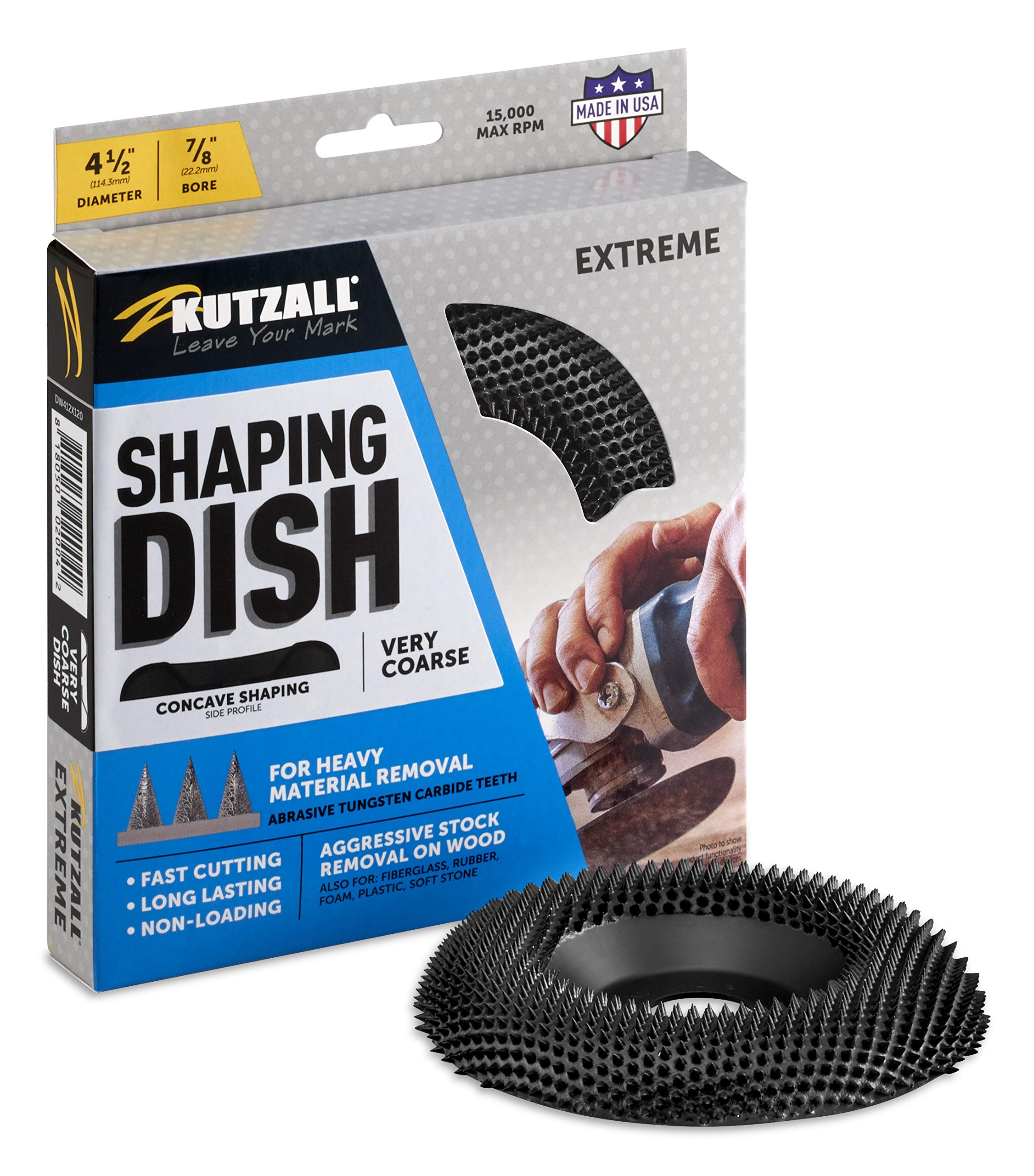 Kutzall Extreme Shaping Dish - Very Coarse, 4-1⁄2" (114.3mm) Dia. X 7⁄8" (22.2mm) Bore - Woodworking Angle Grinder Attachment for DeWalt, Bosch, Milwaukee, Makita. Abrasive Tungsten Carbide, DW412X120